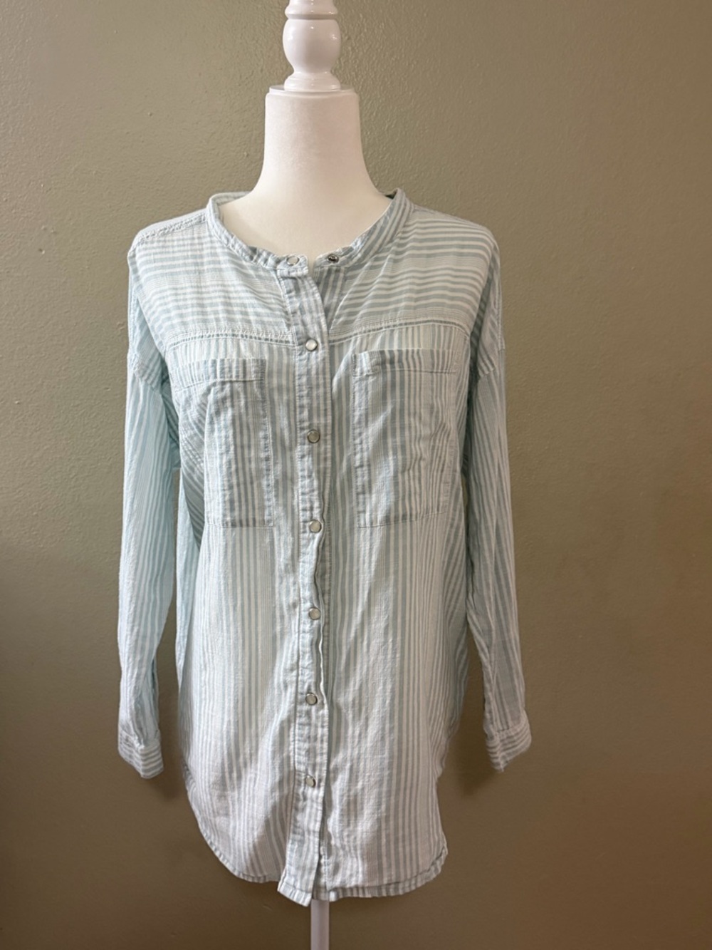 Wrap London Blue White Striped Roll-Tab Tunic Shirt US 8 Cotton Snap Button